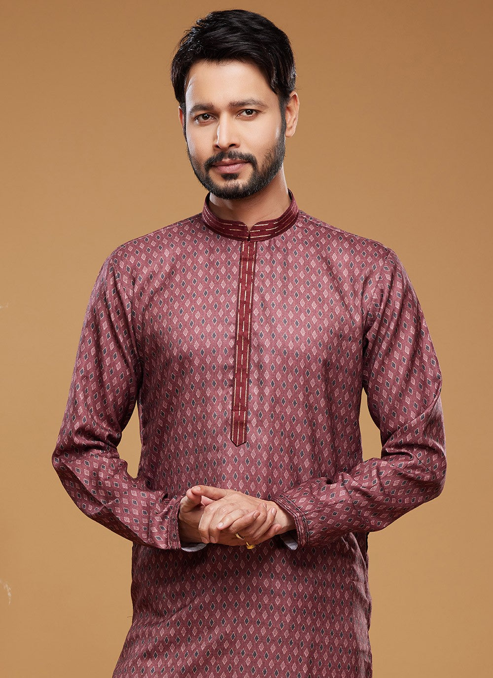 Digital Print Art Silk Maroon Kurta Pyjama - M6025