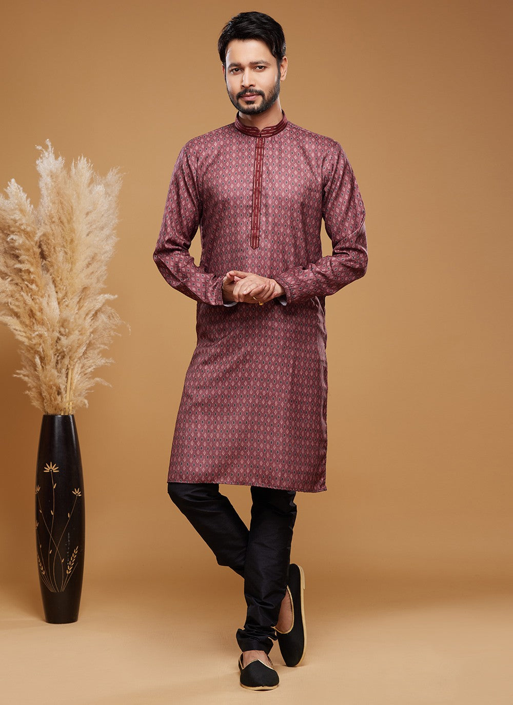 Digital Print Art Silk Maroon Kurta Pyjama - M6025