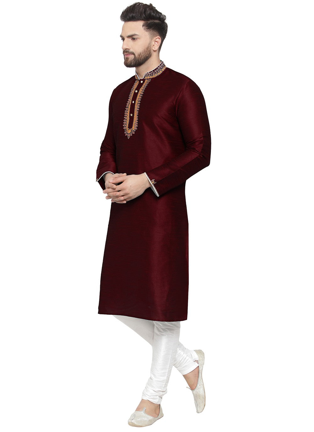 Embroidered Dupion Silk Maroon Kurta Pyjama - M7343