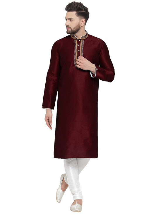 Embroidered Dupion Silk Maroon Kurta Pyjama - M7343