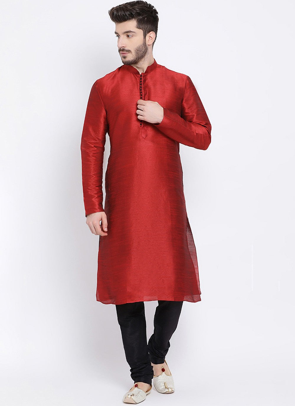 Plain Dupion Silk Maroon Kurta Pyjama - M2010