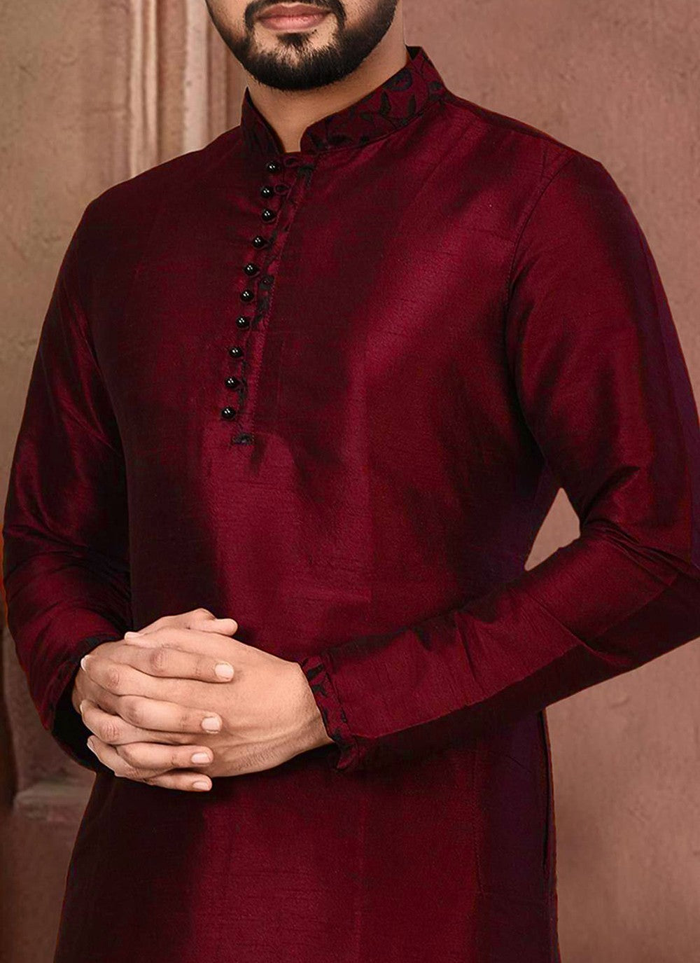 Embroidered Dupion Silk Maroon Kurta Pyjama - M2287