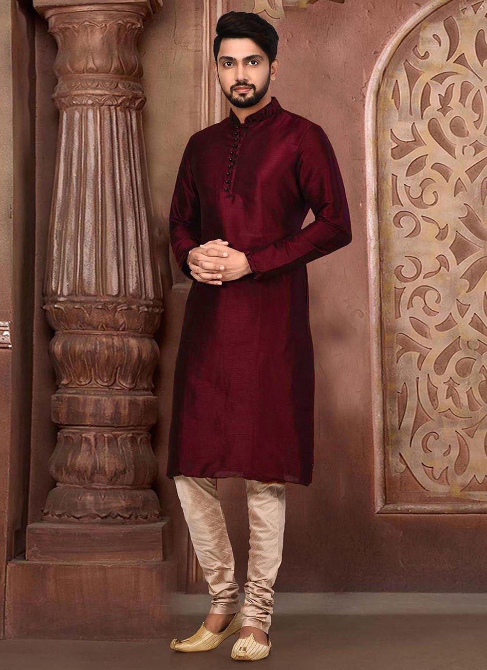 Embroidered Dupion Silk Maroon Kurta Pyjama - M2287