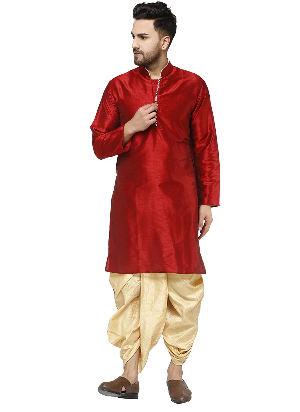 Plain Dupion Silk Maroon Dhoti Kurta - M2809