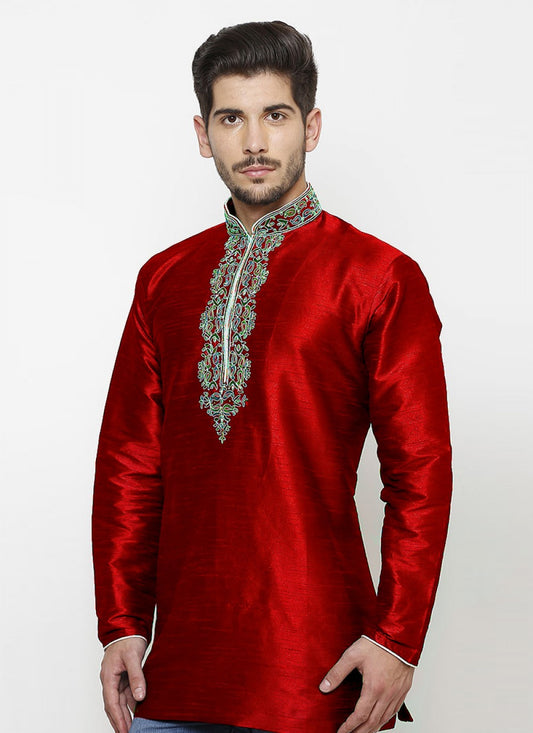 Embroidered Art Dupion Silk Maroon Kurta - M1240