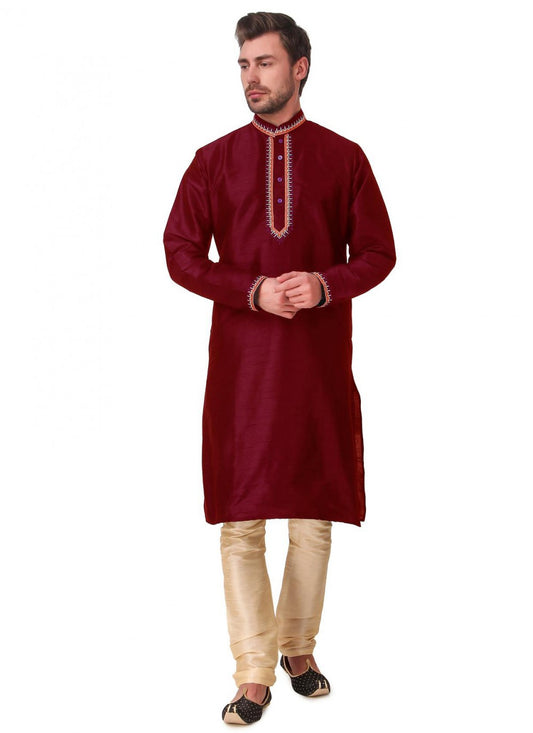 Embroidered Art Dupion Silk Maroon Kurta Pyjama - M1661