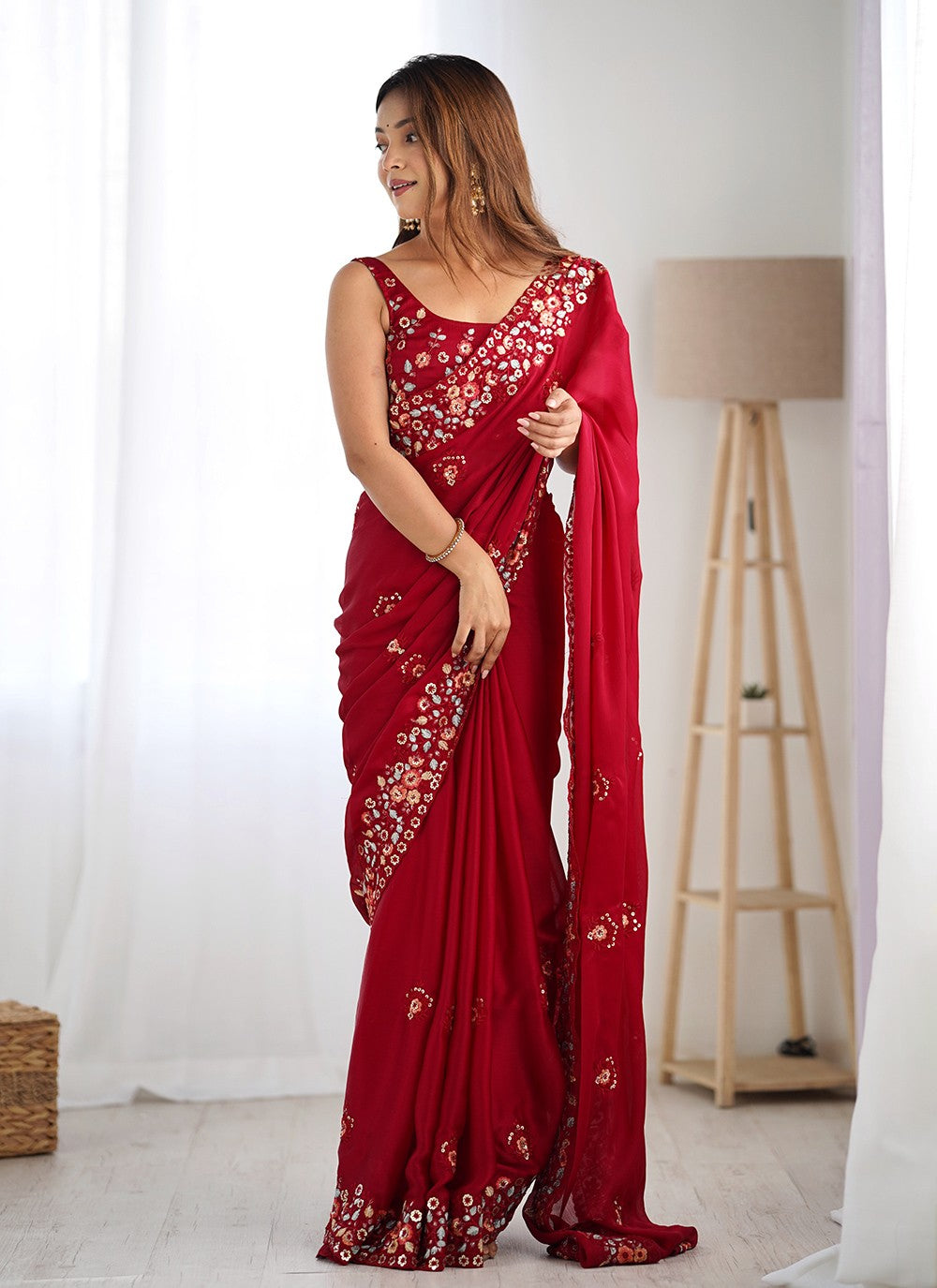 Embroidered, Sequins, Thread Chiffon Satin Saree - S11742