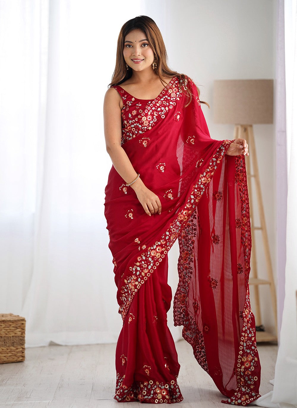 Embroidered, Sequins, Thread Chiffon Satin Saree - S11742