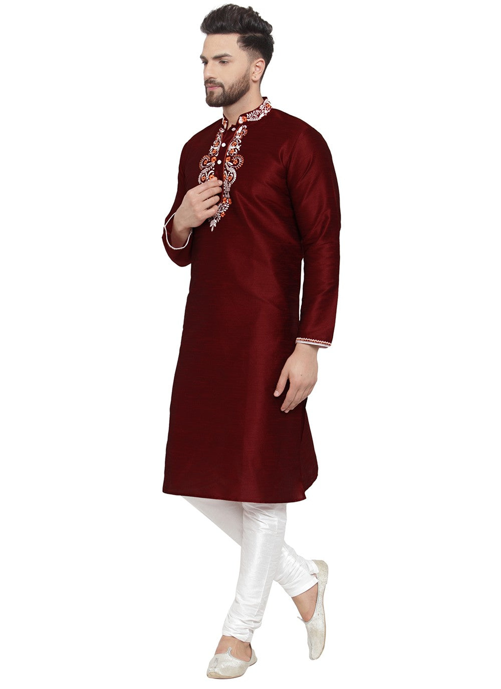 Embroidered Dupion Silk Maroon Kurta Pyjama - M7339