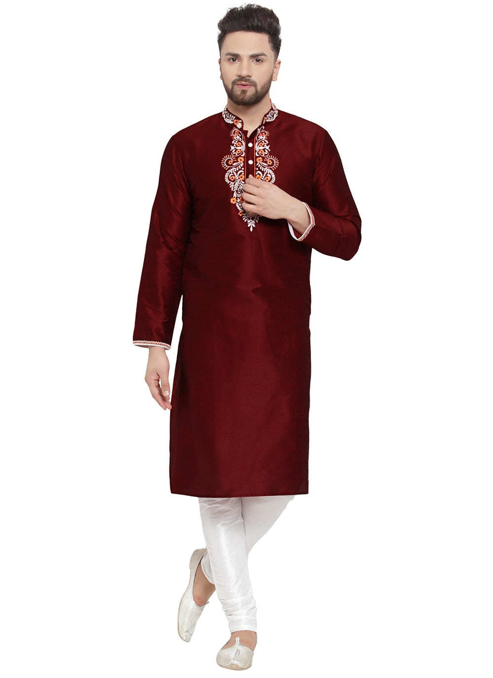 Embroidered Dupion Silk Maroon Kurta Pyjama - M7339