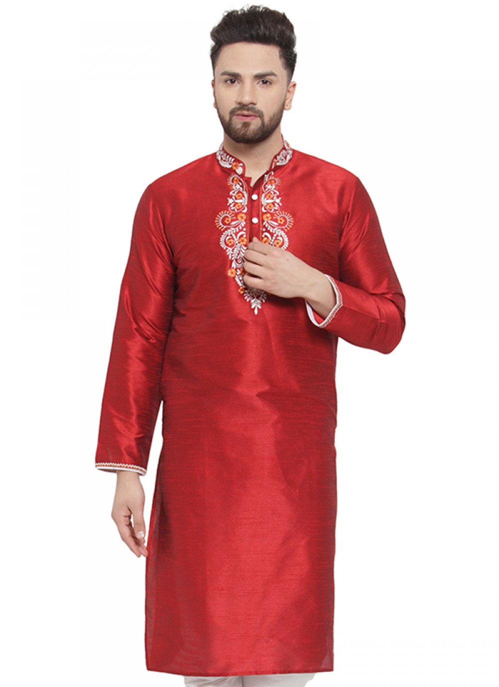 Embroidered Art Dupion Silk Maroon Kurta - M1385