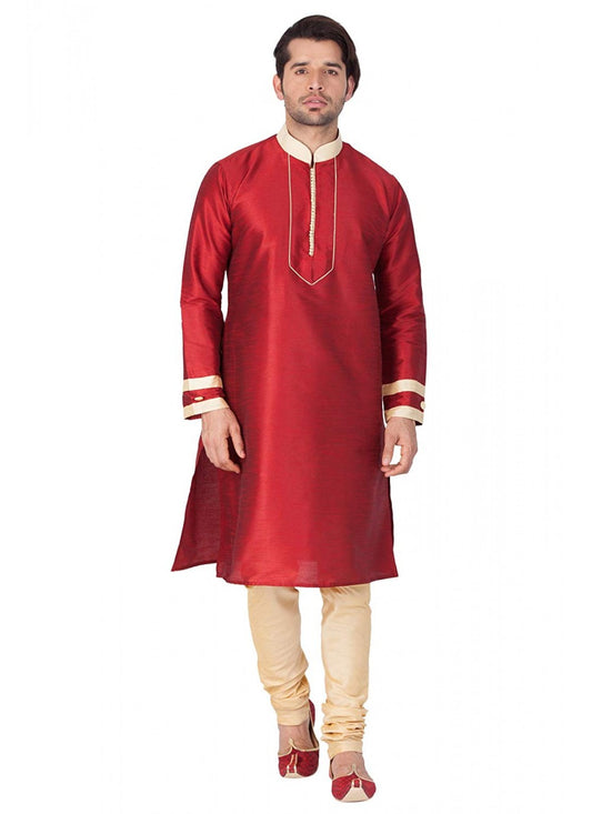 Embroidered Art Dupion Silk Maroon Kurta Pyjama - M1287