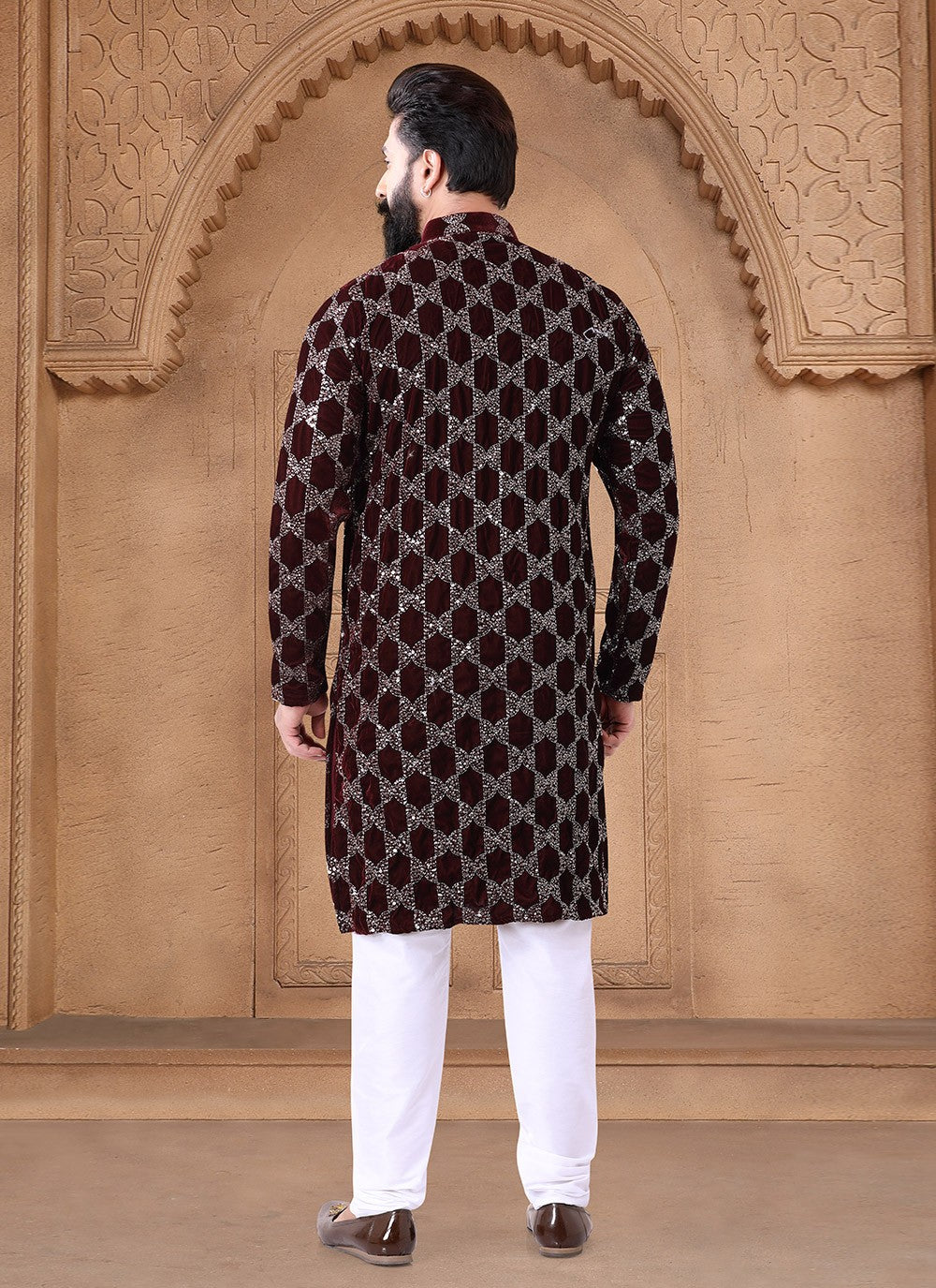 Embroidered Velvet Maroon Kurta Pyjama - M7606