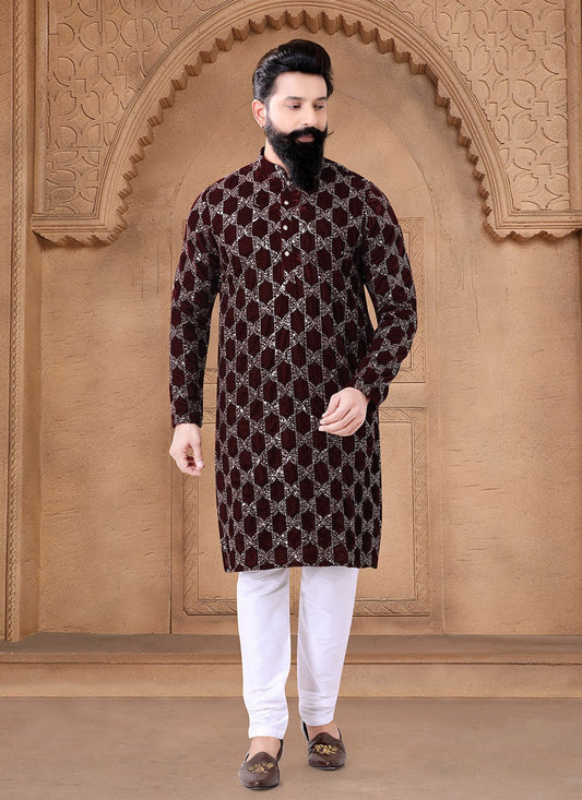 Embroidered Velvet Maroon Kurta Pyjama - M7606