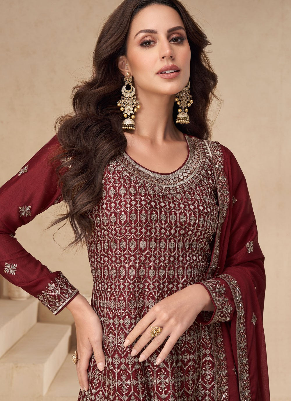 Embroidered Chinon Palazzo Suit - T4435