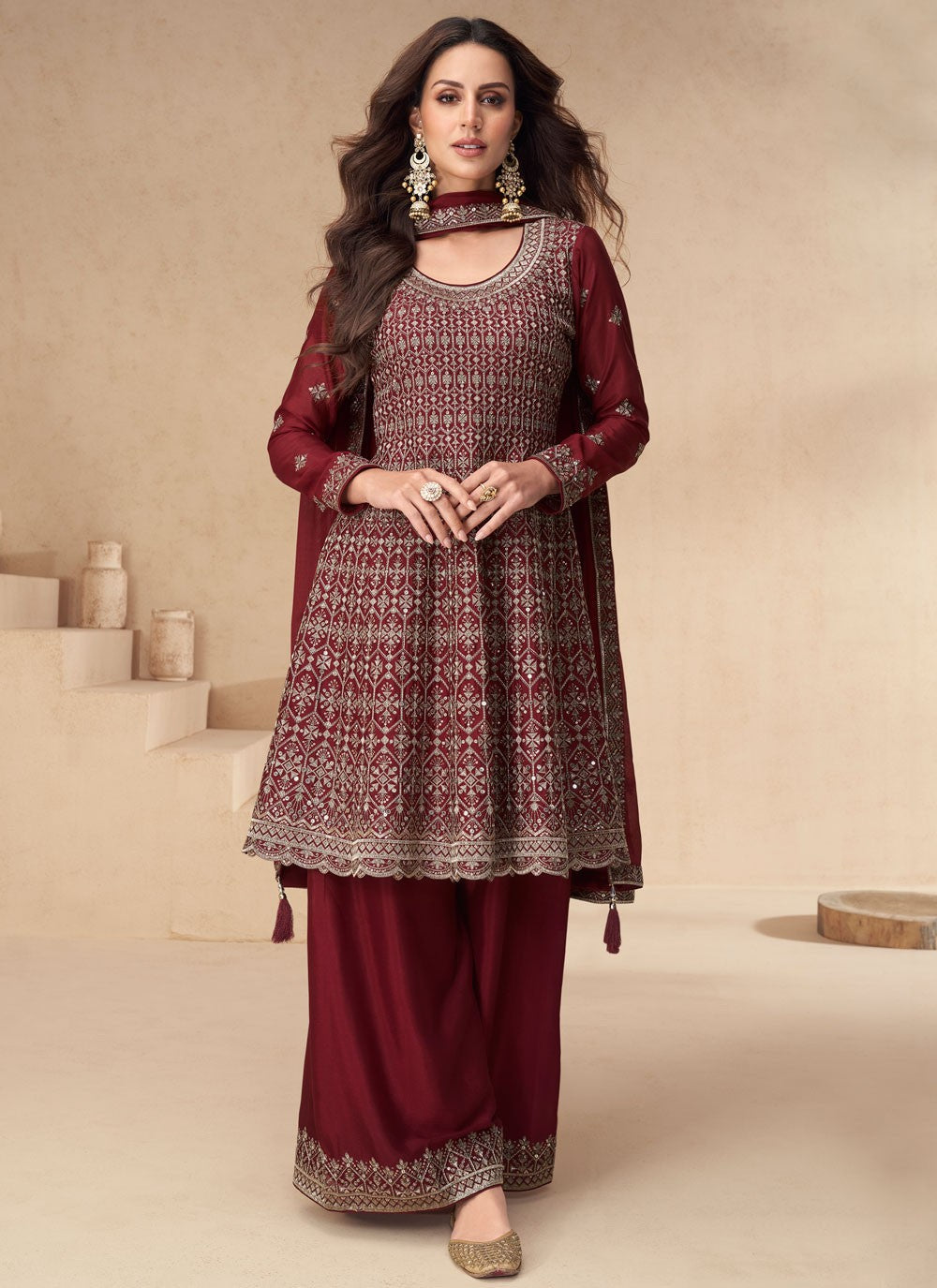 Embroidered Chinon Palazzo Suit - T4435