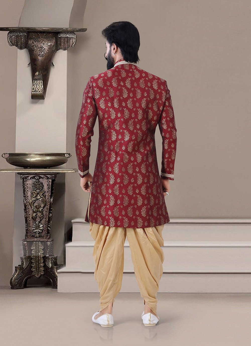 Embroidered Jacquard Maroon Indo Western Sherwani - M3451