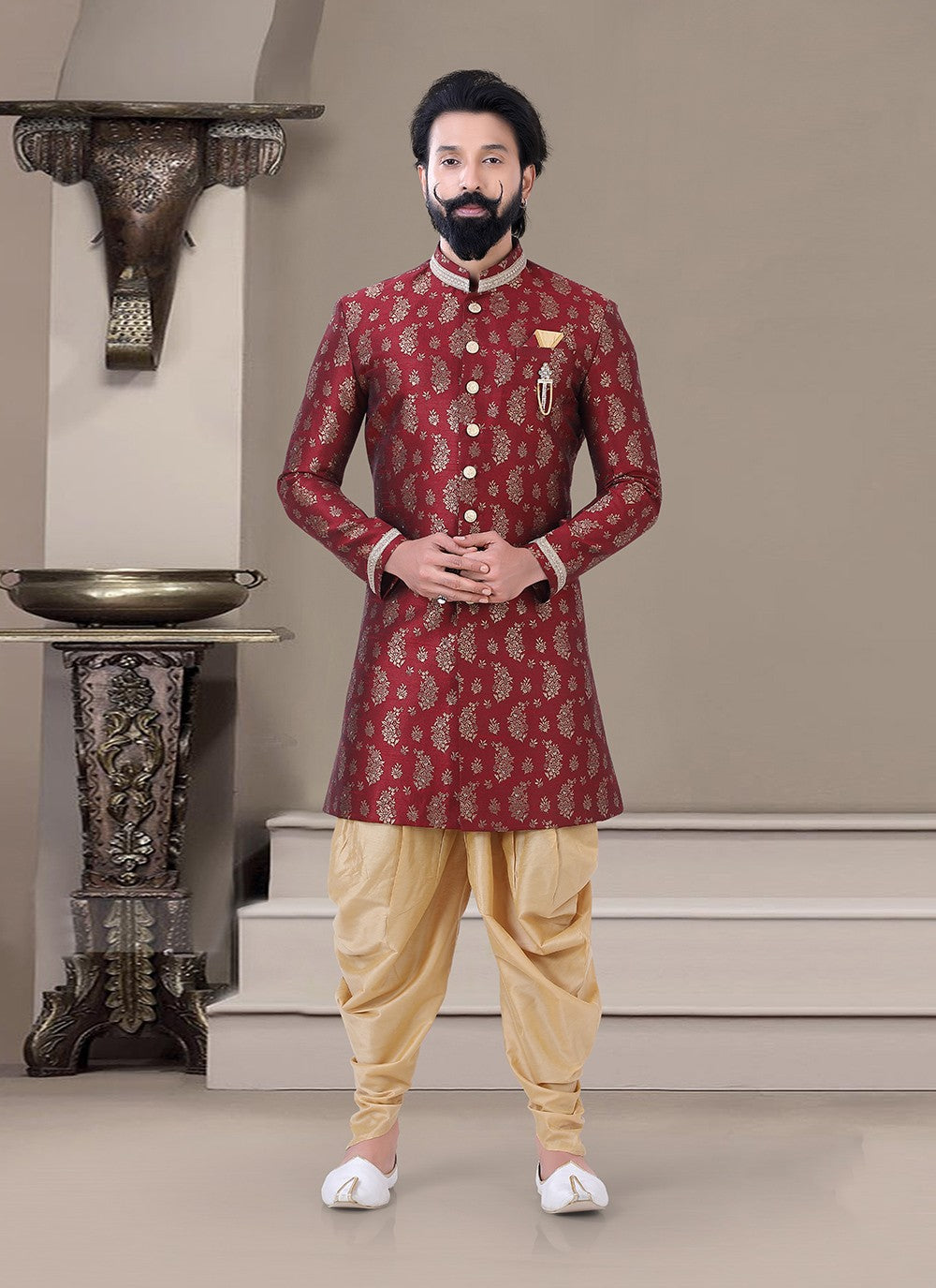 Embroidered Jacquard Maroon Indo Western Sherwani - M3451