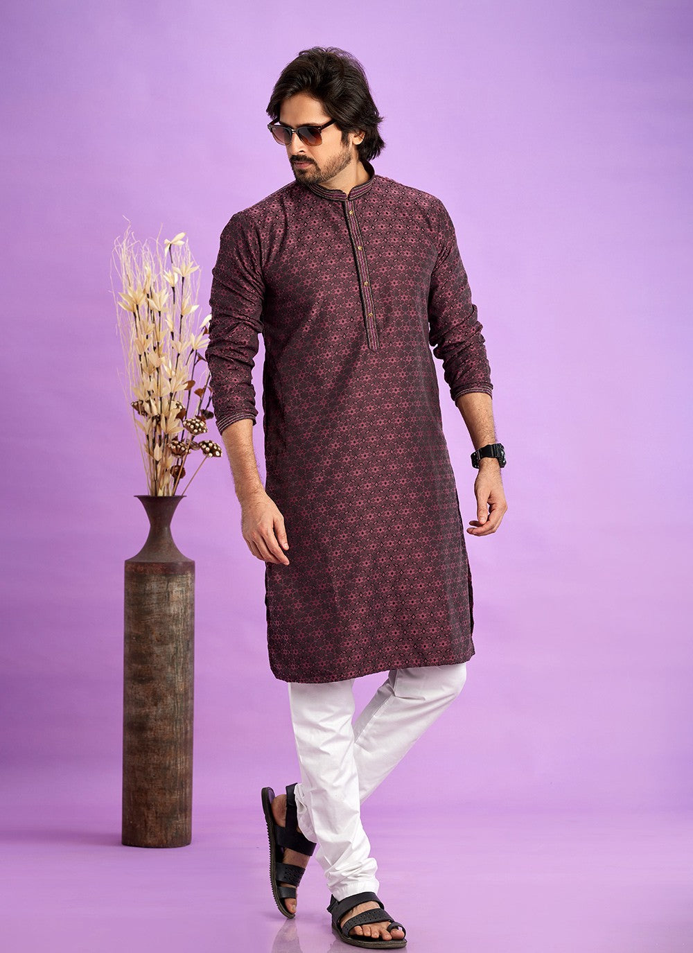 Fancy Work Jacquard Silk Maroon Kurta Pyjama - M6925