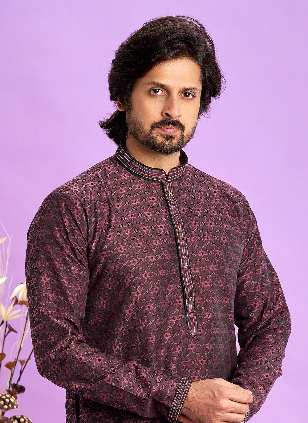 Fancy Work Jacquard Silk Maroon Kurta Pyjama - M6925