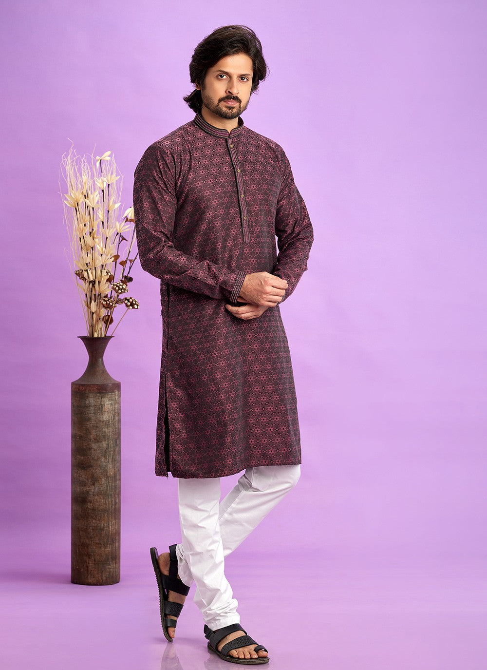 Fancy Work Jacquard Silk Maroon Kurta Pyjama - M6925