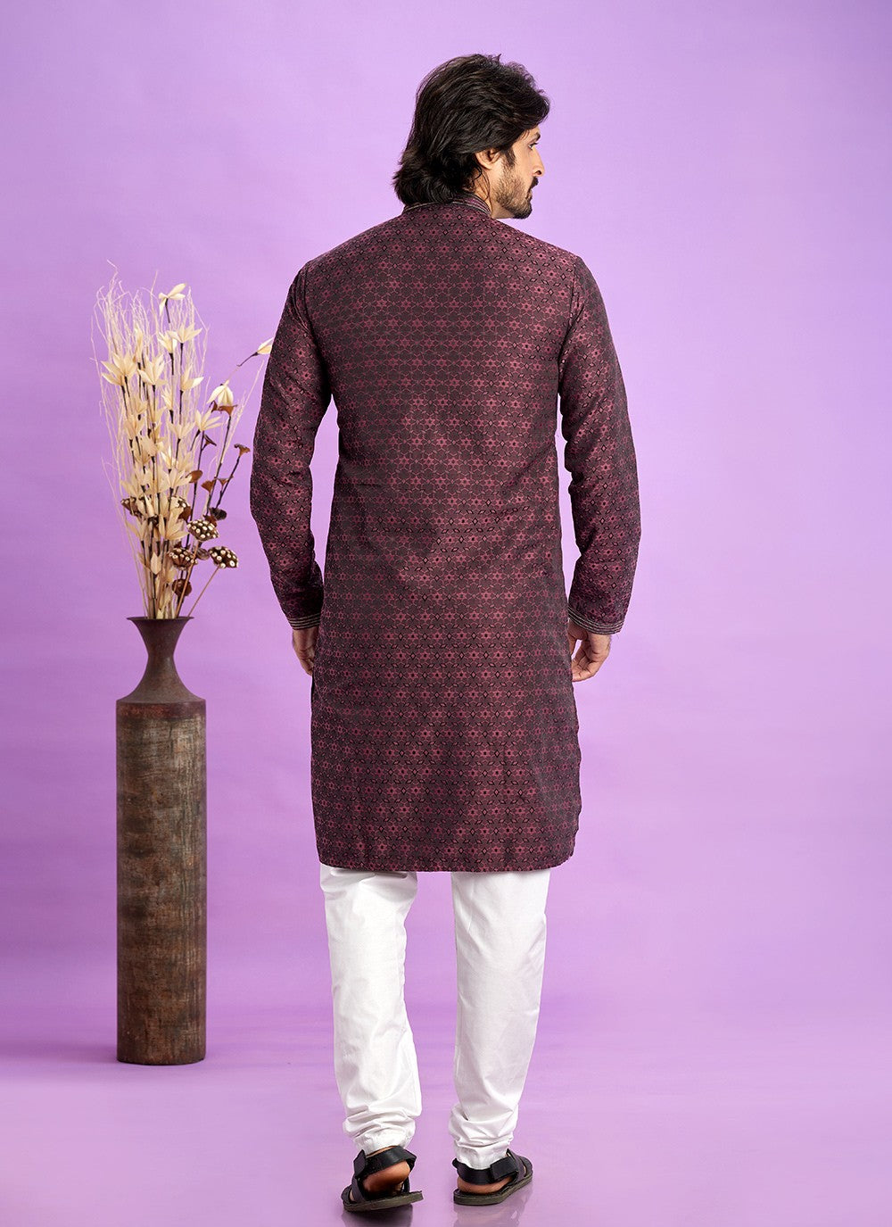 Fancy Work Jacquard Silk Maroon Kurta Pyjama - M6925