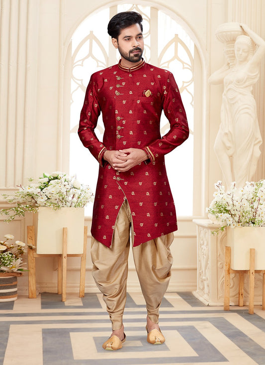 Jacquard Work Fancy Fabric Maroon Indo Western Sherwani - M2940