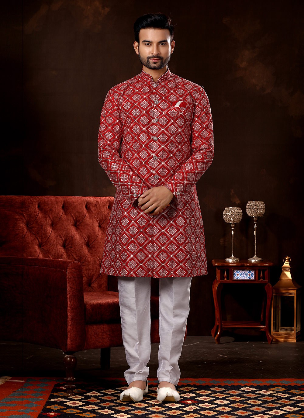 Embroidered Fancy Fabric Maroon Sherwani - M3075