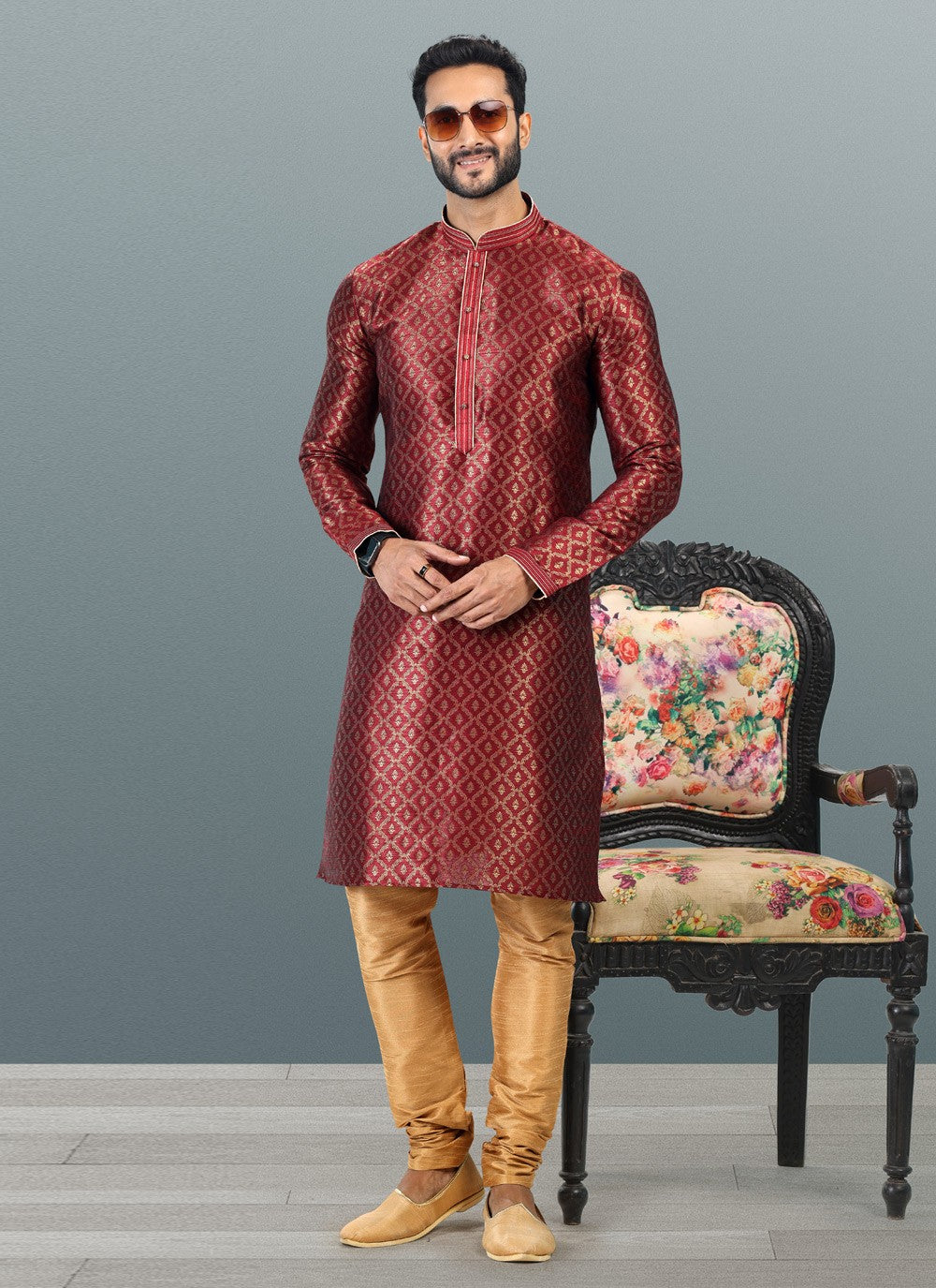 Fancy Work Banarasi Silk, Jacquard Maroon Kurta Pyjama - M4839