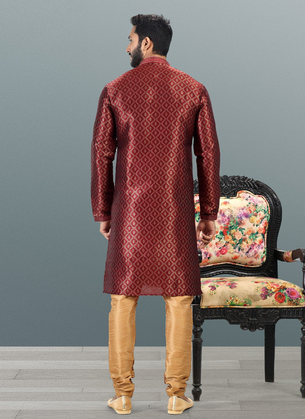 Fancy Work Banarasi Silk, Jacquard Maroon Kurta Pyjama - M4839