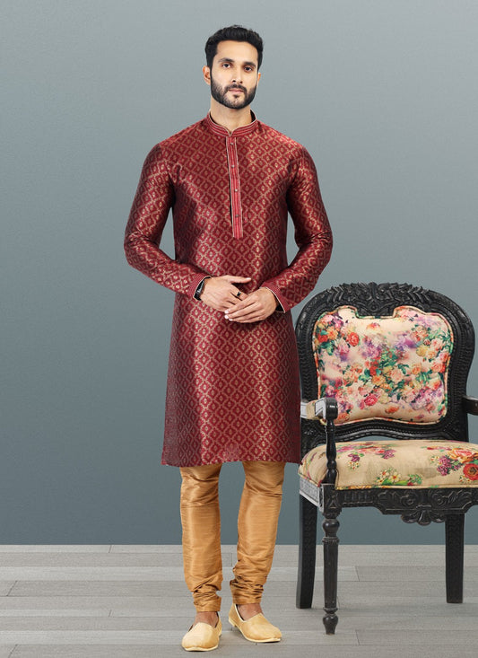 Fancy Work Banarasi Silk, Jacquard Maroon Kurta Pyjama - M4839