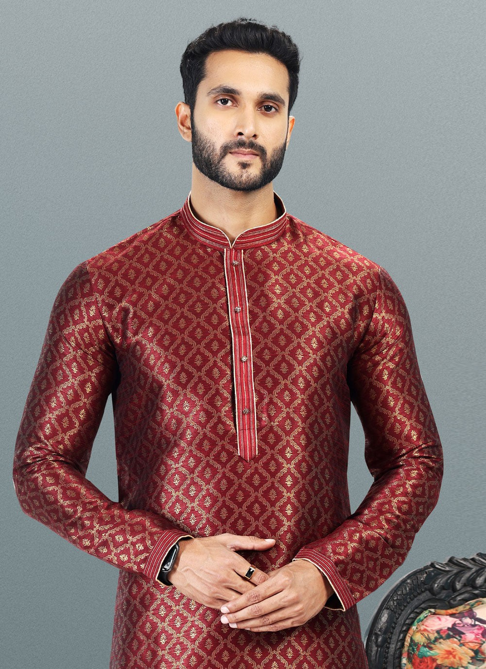 Fancy Work Banarasi Silk, Jacquard Maroon Kurta Pyjama - M4839