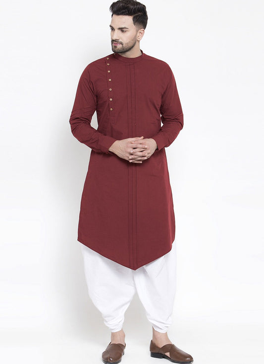 Plain Blended Cotton Maroon Dhoti Kurta - M4485