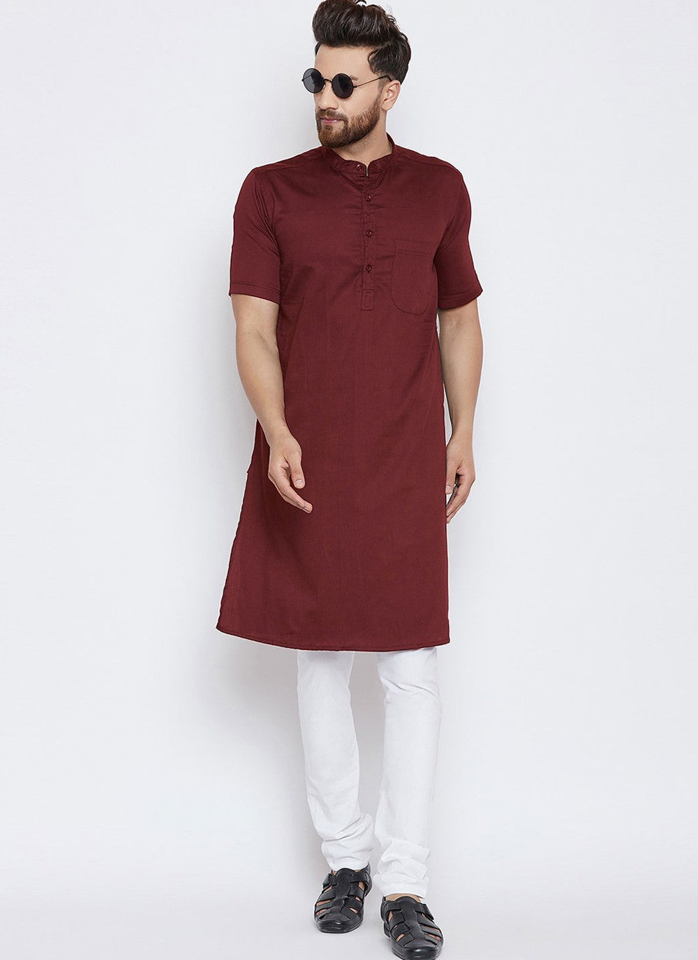 Plain Blended Cotton Maroon Kurta Pyjama - M4488