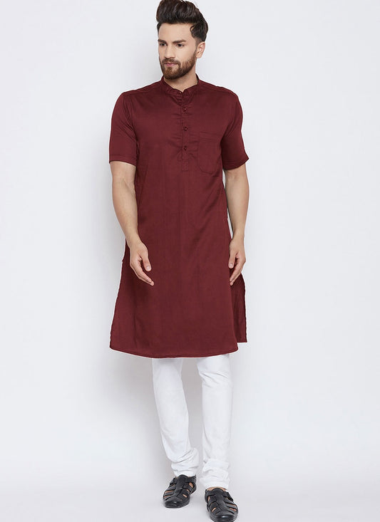 Plain Blended Cotton Maroon Kurta Pyjama - M4488