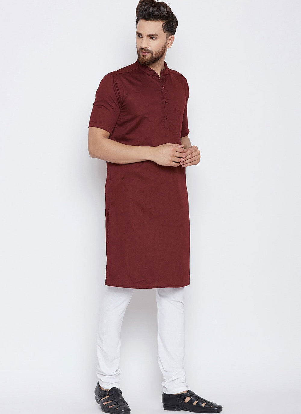 Plain Blended Cotton Maroon Kurta Pyjama - M4488