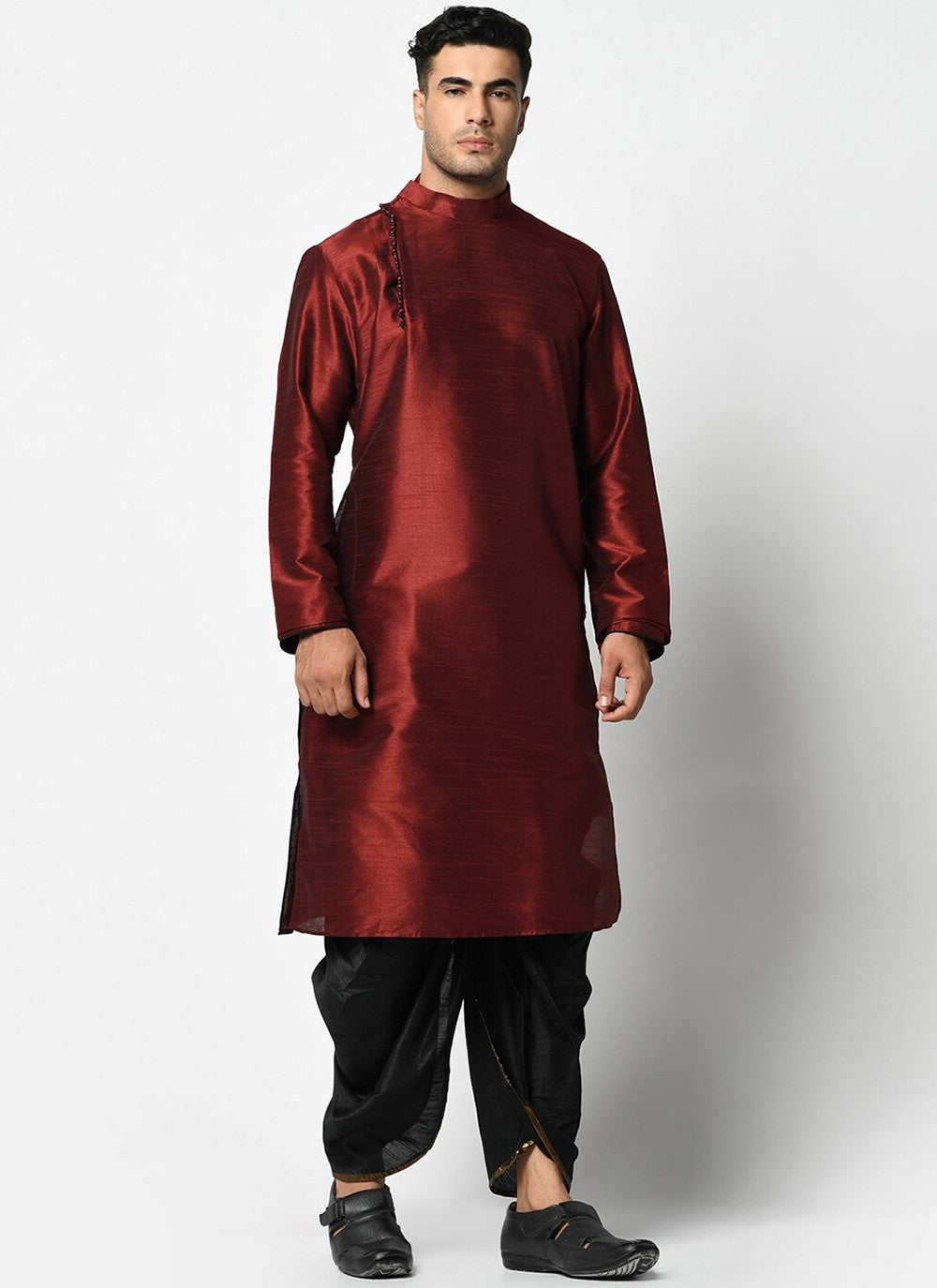 Buttons Dupion Silk Maroon Dhoti Kurta - M2419