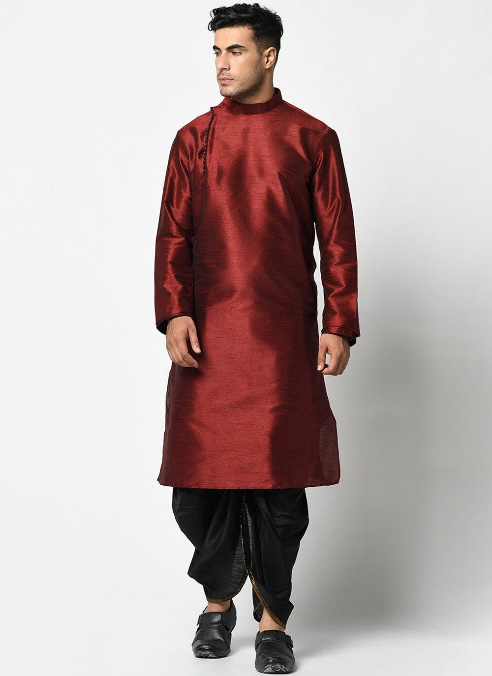 Buttons Dupion Silk Maroon Dhoti Kurta - M2419