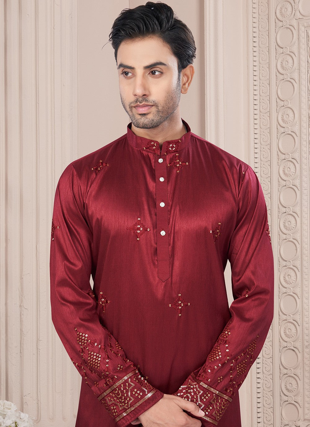 Machine Embroidery Silk Maroon Kurta Pyjama - M8712