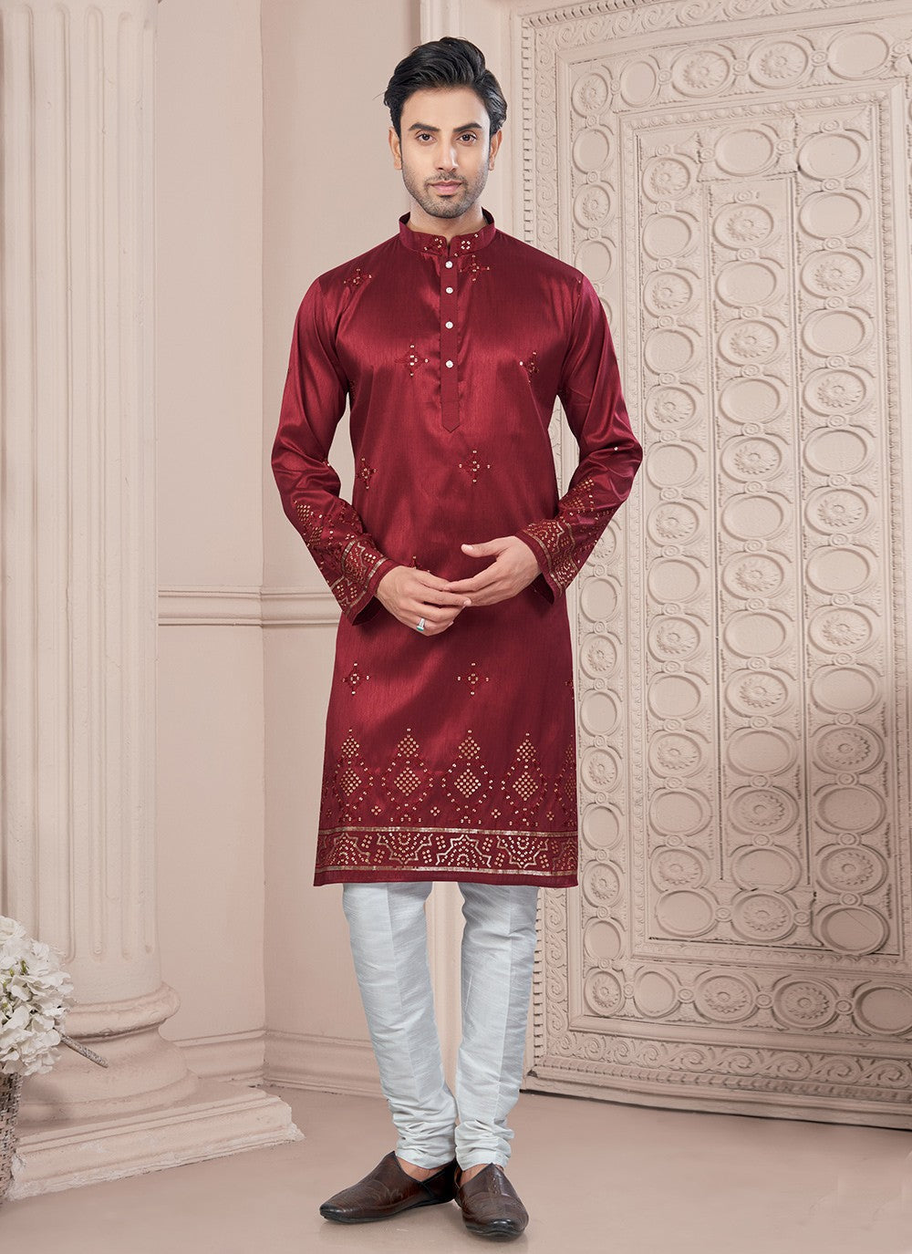 Machine Embroidery Silk Maroon Kurta Pyjama - M8712