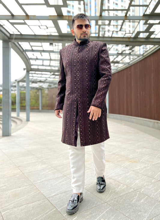 Embroidered Velvet Maroon Indo Western Sherwani - M5171