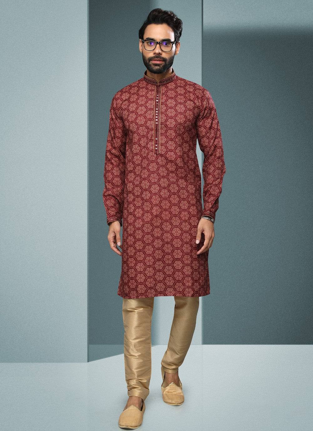 Digital Print Handloom Cotton Maroon Kurta Pyjama - M4062