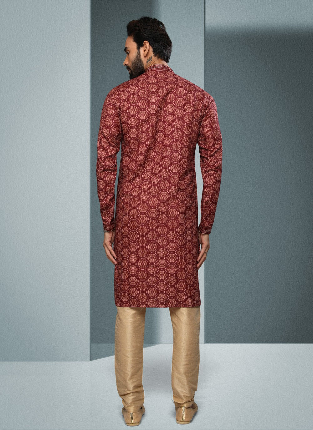 Digital Print Handloom Cotton Maroon Kurta Pyjama - M4062