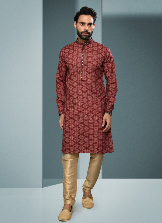 Digital Print Handloom Cotton Maroon Kurta Pyjama - M4062