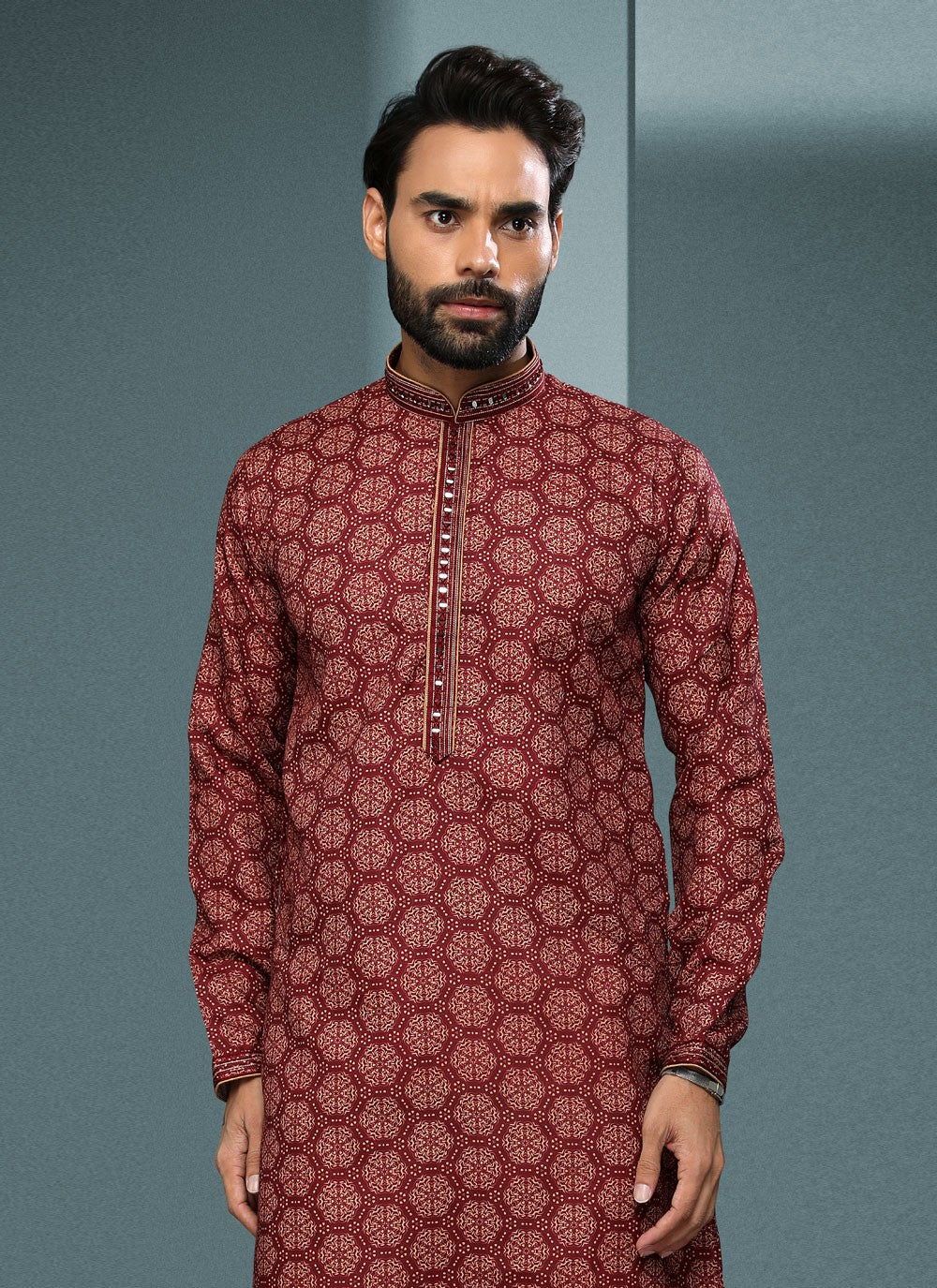 Digital Print Handloom Cotton Maroon Kurta Pyjama - M4062