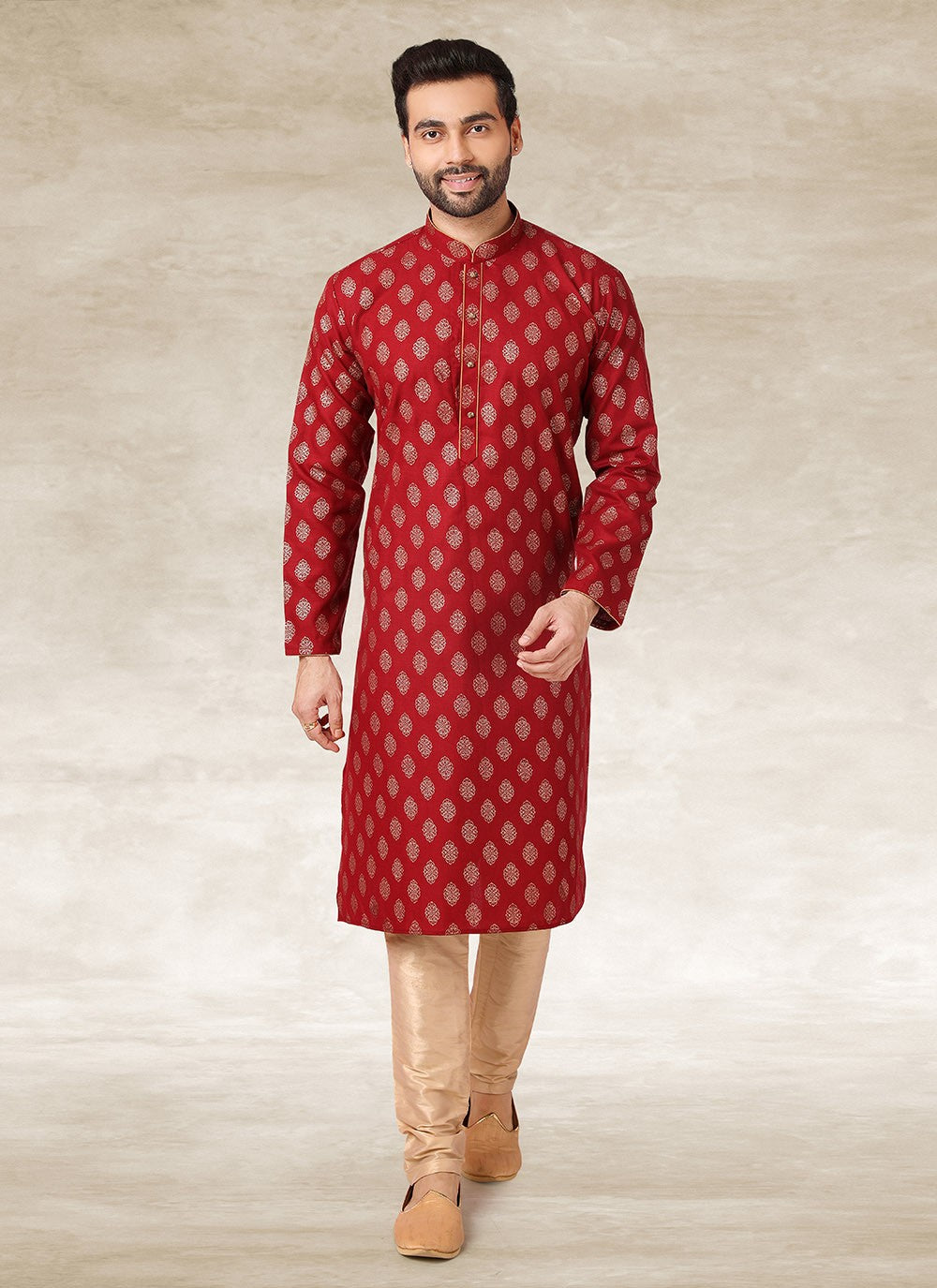 Printed Handloom Cotton Maroon Kurta Pyjama - M2692