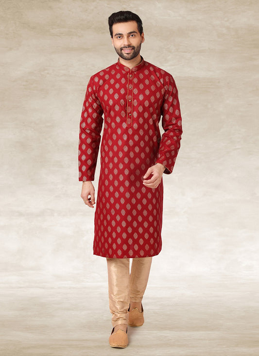 Printed Handloom Cotton Maroon Kurta Pyjama - M2692