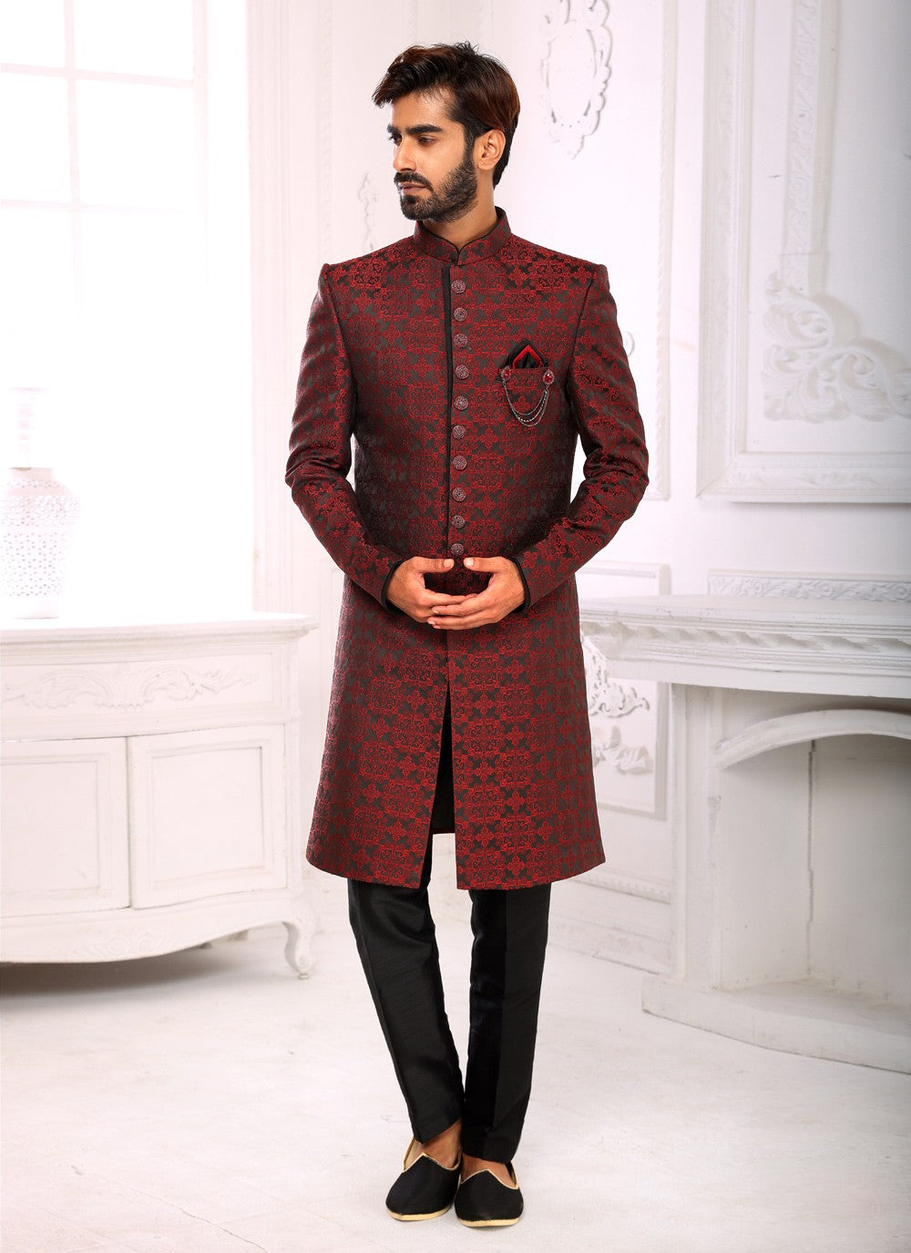 Embroidered Imported, Jacquard Maroon Indo Western - M3797