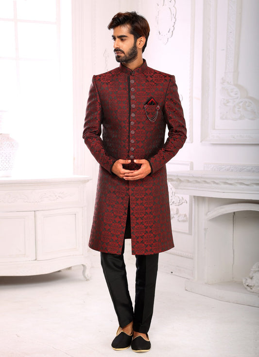 Jacquard Work Imported Maroon Indo Western Sherwani - M3996