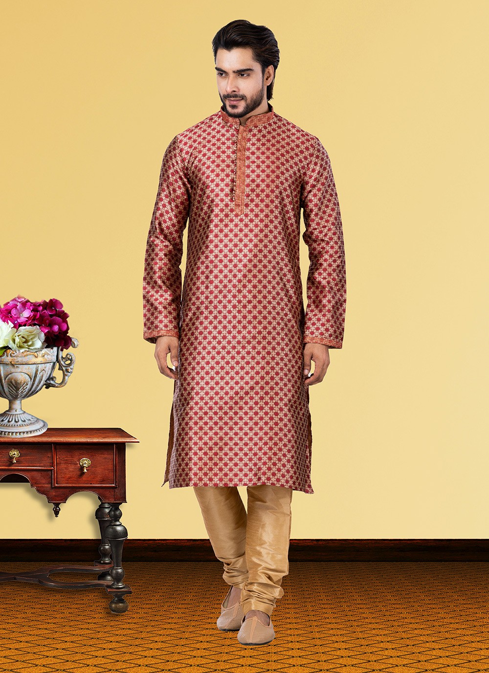 Jacquard Work Jacquard Maroon Kurta Pyjama - M3744